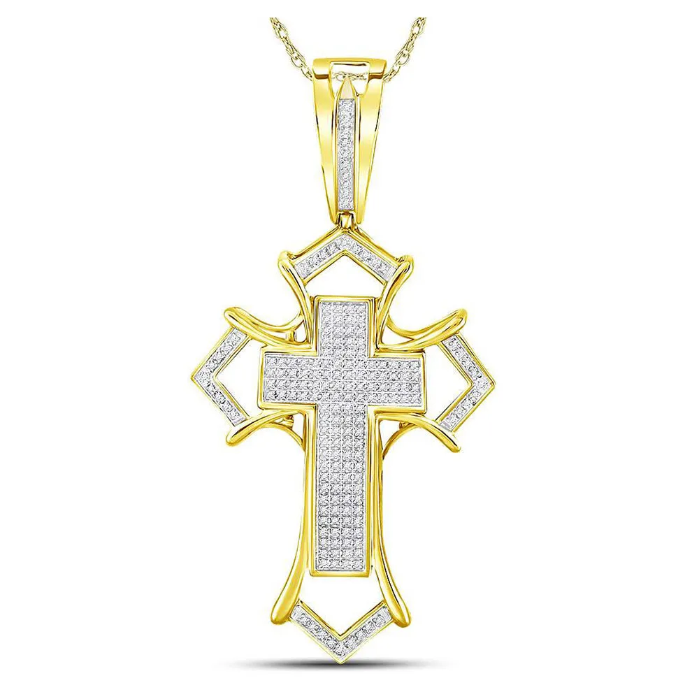 10kt Yellow Gold Mens Round Diamond Gothic Cross Charm Pendant 1/2 Cttw