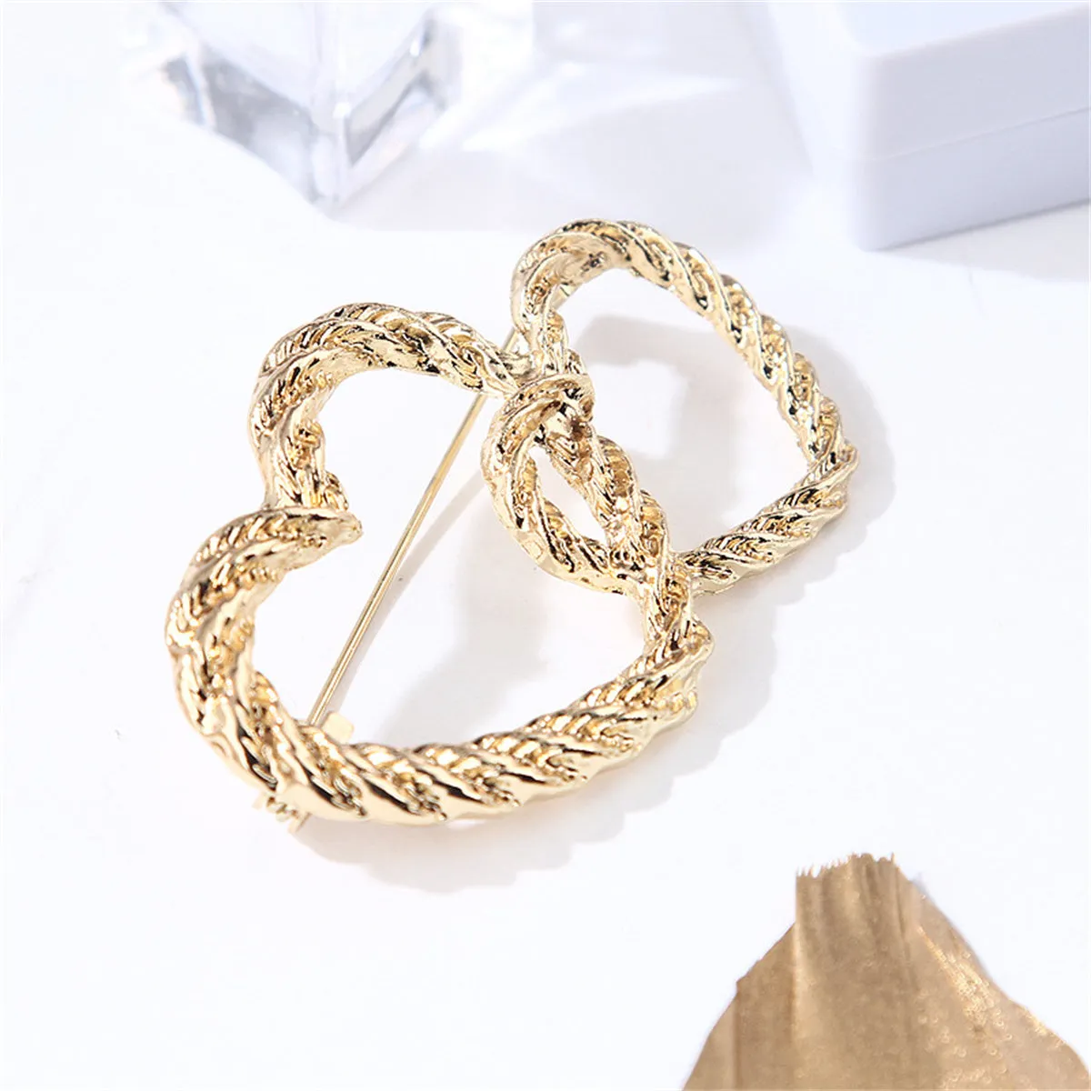 18K Gold-Plated Double Openwork Heart Brooch
