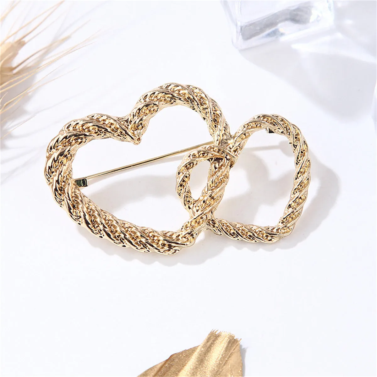 18K Gold-Plated Double Openwork Heart Brooch