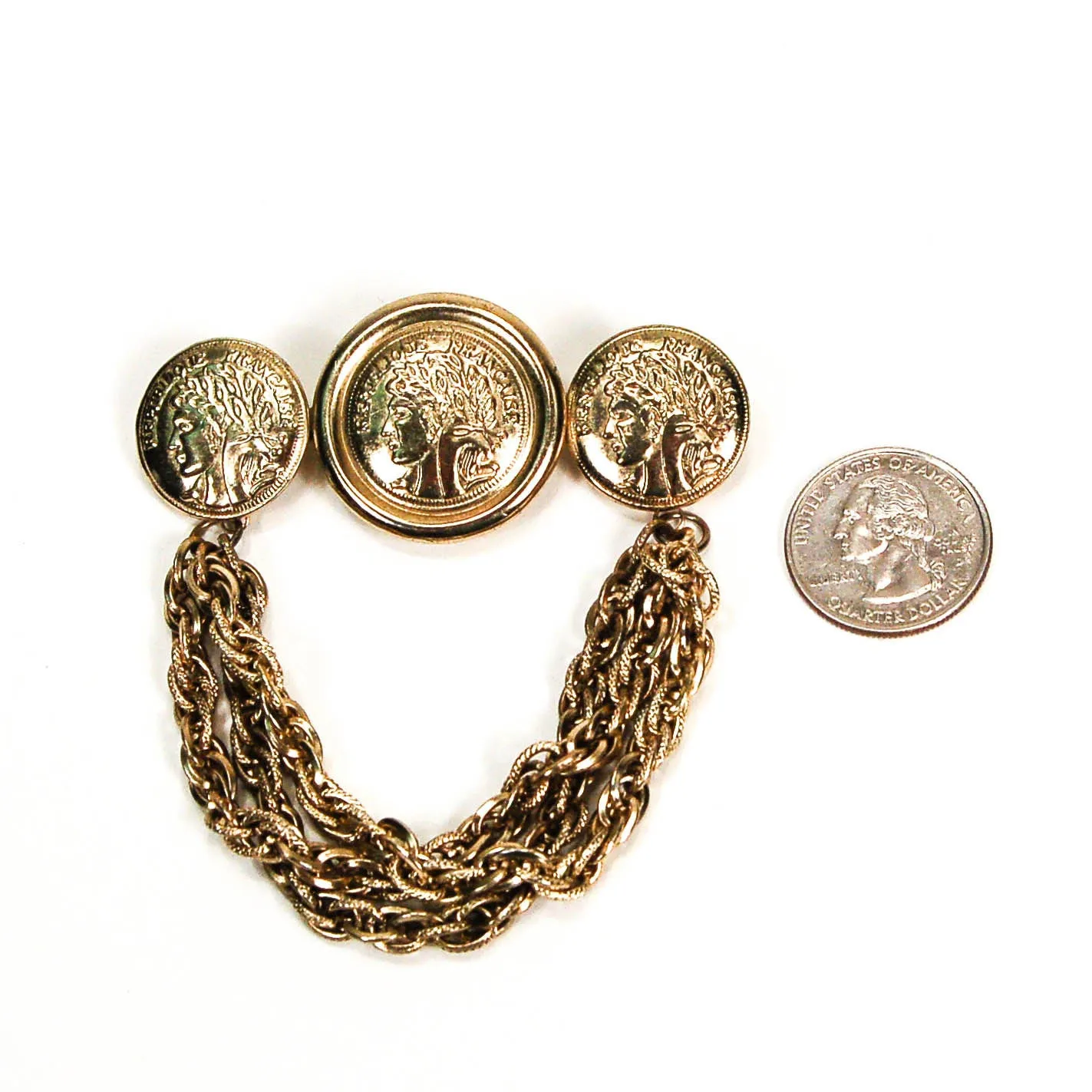 1980's French Coins with Chains Brooch