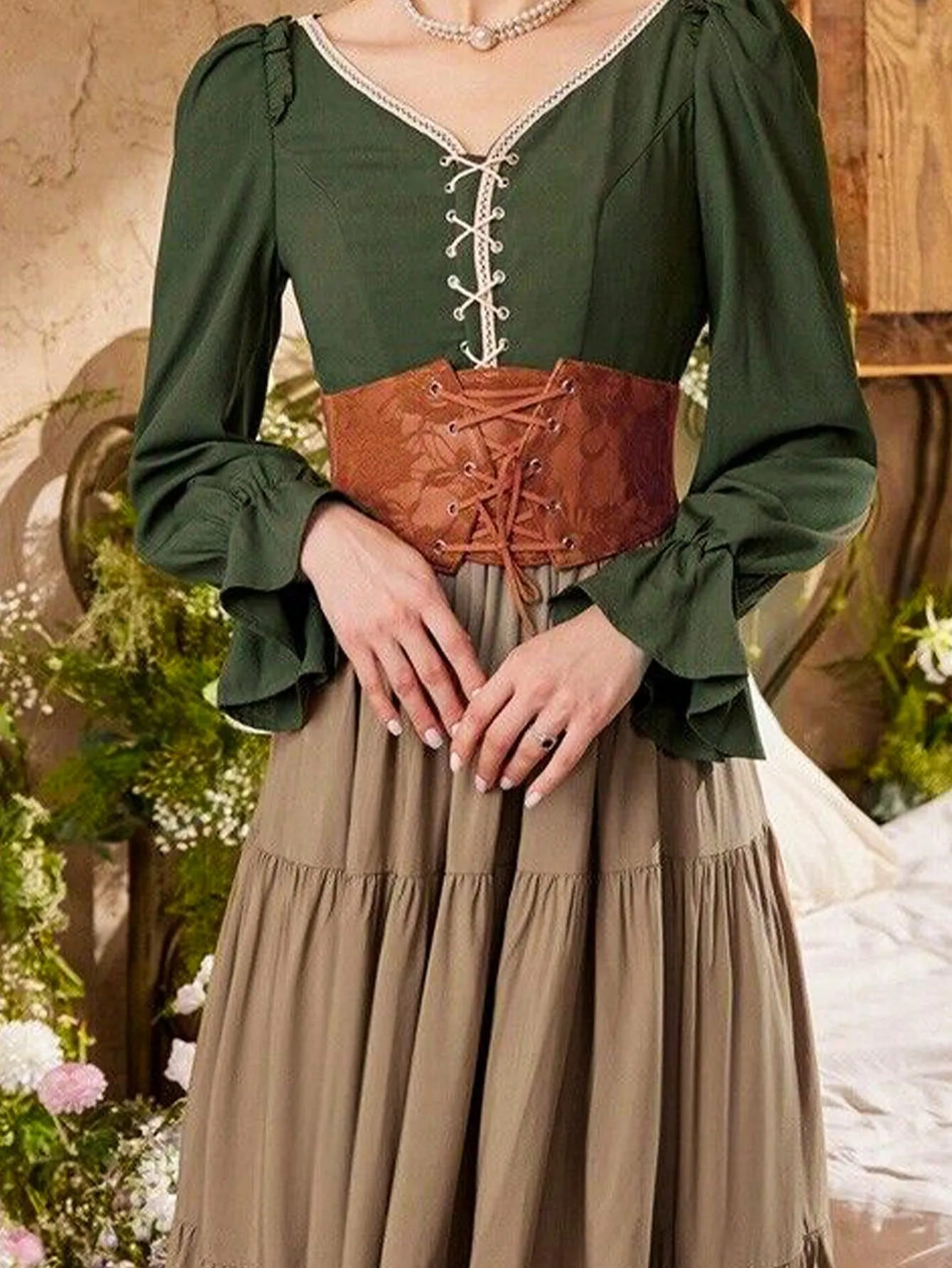 1pc Wide Lace Brown Waist Belt - Brown