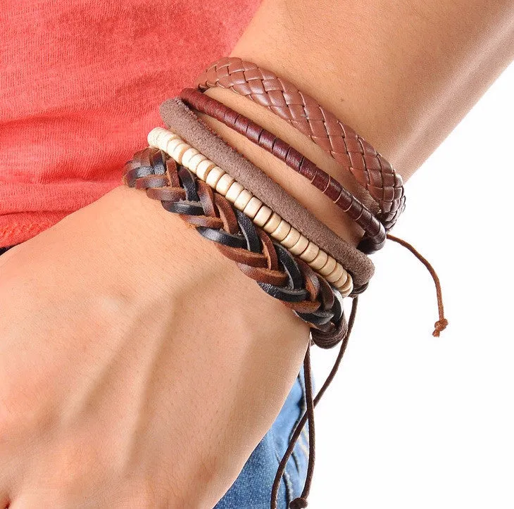 1Set (3-4PCs) Men Multi-layer Leather Bracelet
