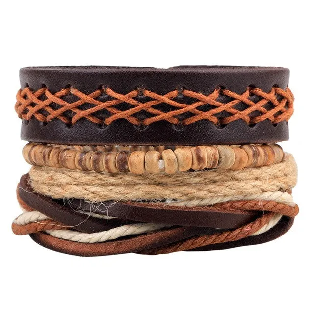 1Set (3-4PCs) Men Multi-layer Leather Bracelet