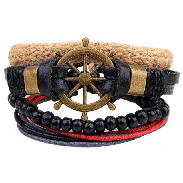 1Set (3-4PCs) Men Multi-layer Leather Bracelet