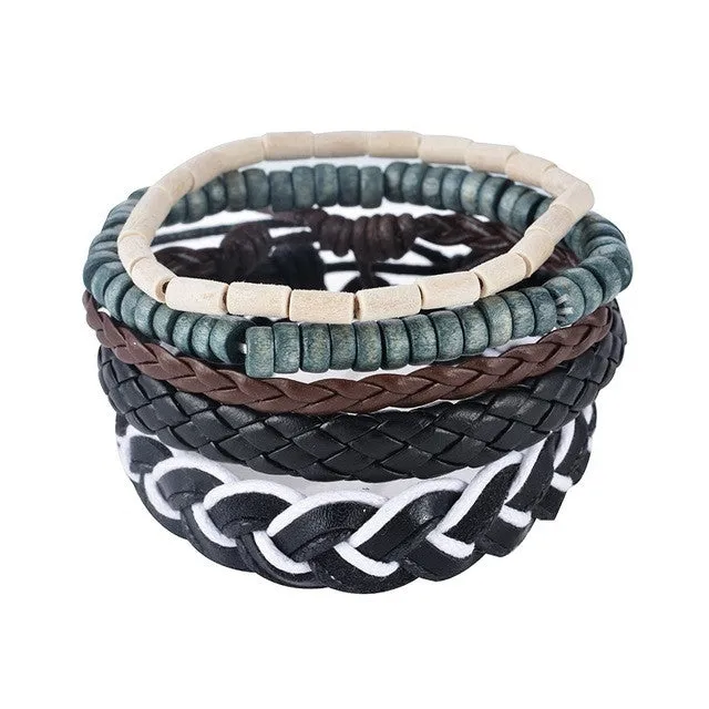 1Set (3-4PCs) Men Multi-layer Leather Bracelet