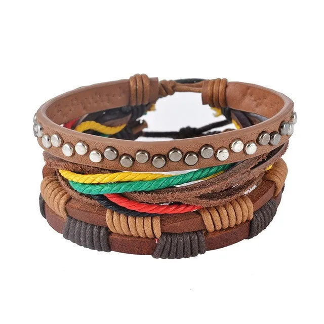 1Set (3-4PCs) Men Multi-layer Leather Bracelet