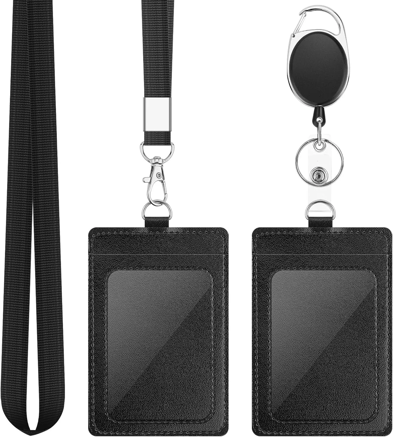 2 Pack PU Leather ID Card Holder with Lanyard & Badge Reel for Office, School