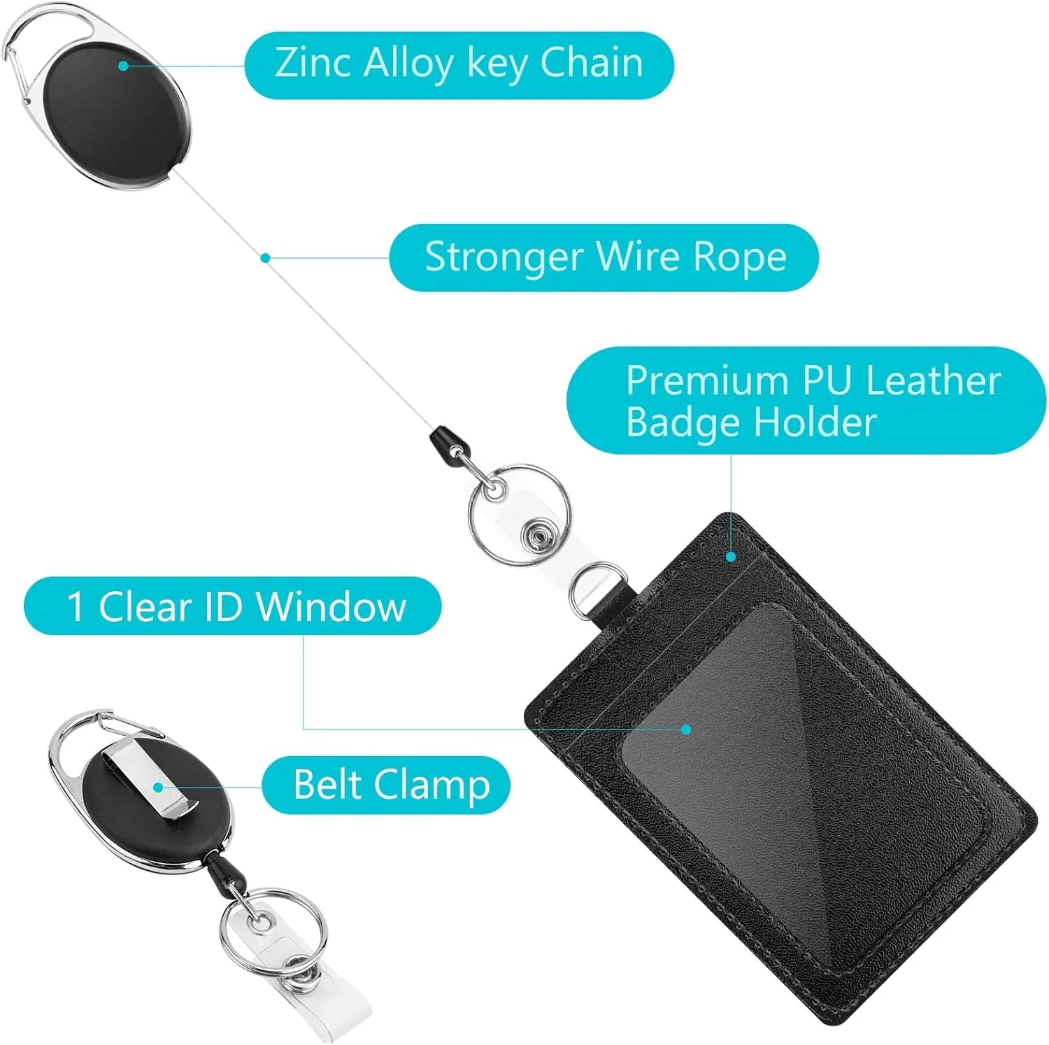 2 Pack PU Leather ID Card Holder with Lanyard & Badge Reel for Office, School