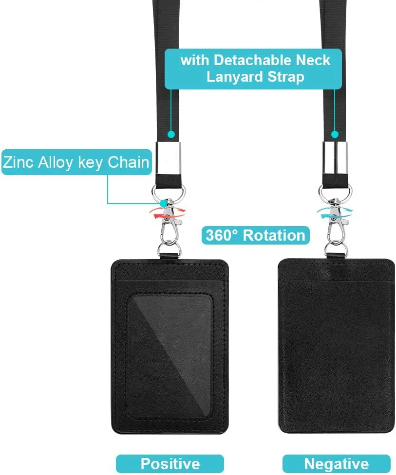 2 Pack PU Leather ID Card Holder with Lanyard & Badge Reel for Office, School
