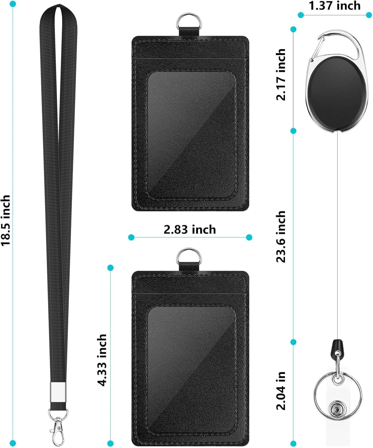 2 Pack PU Leather ID Card Holder with Lanyard & Badge Reel for Office, School
