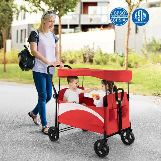 2-Seat Stroller Wagon with Adjustable Canopy and Handles-Red - Color: Red