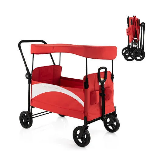 2-Seat Stroller Wagon with Adjustable Canopy and Handles-Red - Color: Red