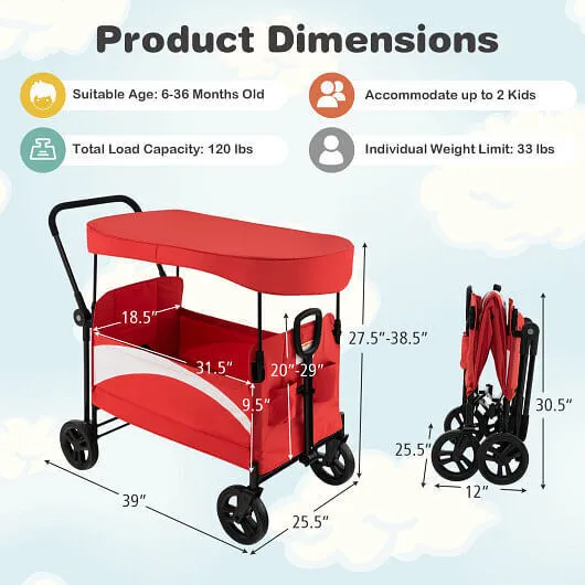 2-Seat Stroller Wagon with Adjustable Canopy and Handles-Red - Color: Red