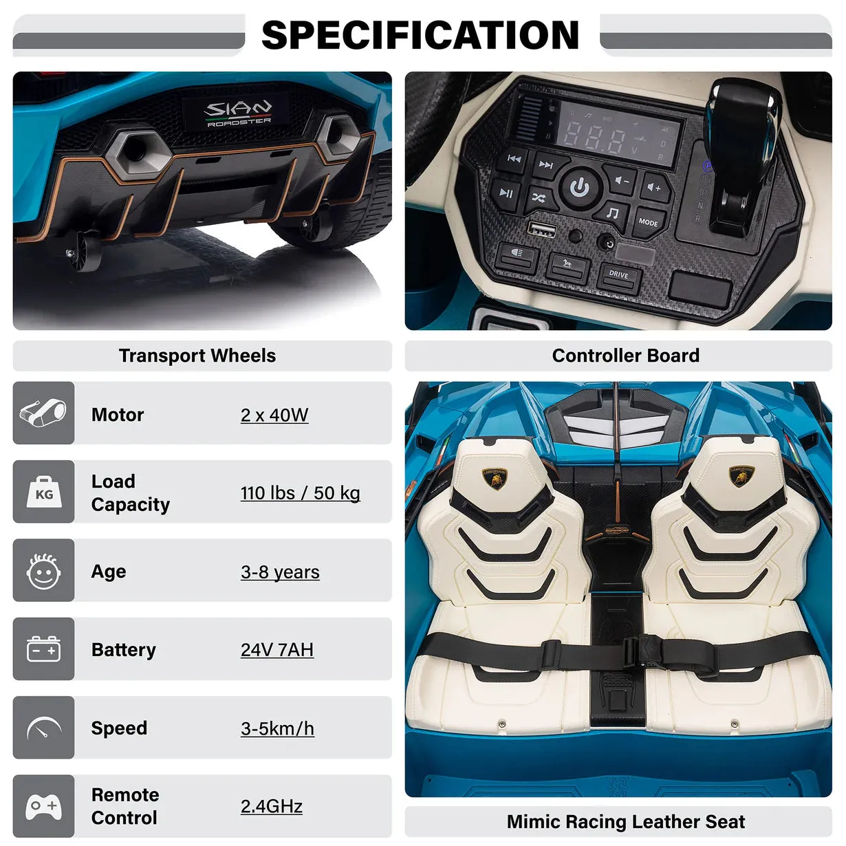 2025 Licensed 24V Sian 2 Seater 24V Kids Ride On Car Upgraded | Leather Seats | Rubber Tires | 4x4 | Remote