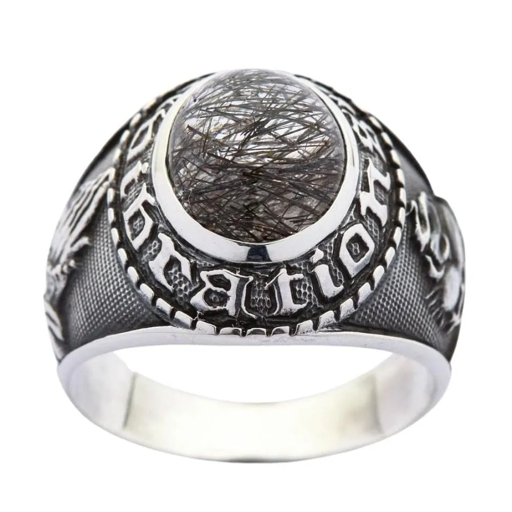 Amulet Black Rutile Quartz 925 Sterling Silver Men's Ring