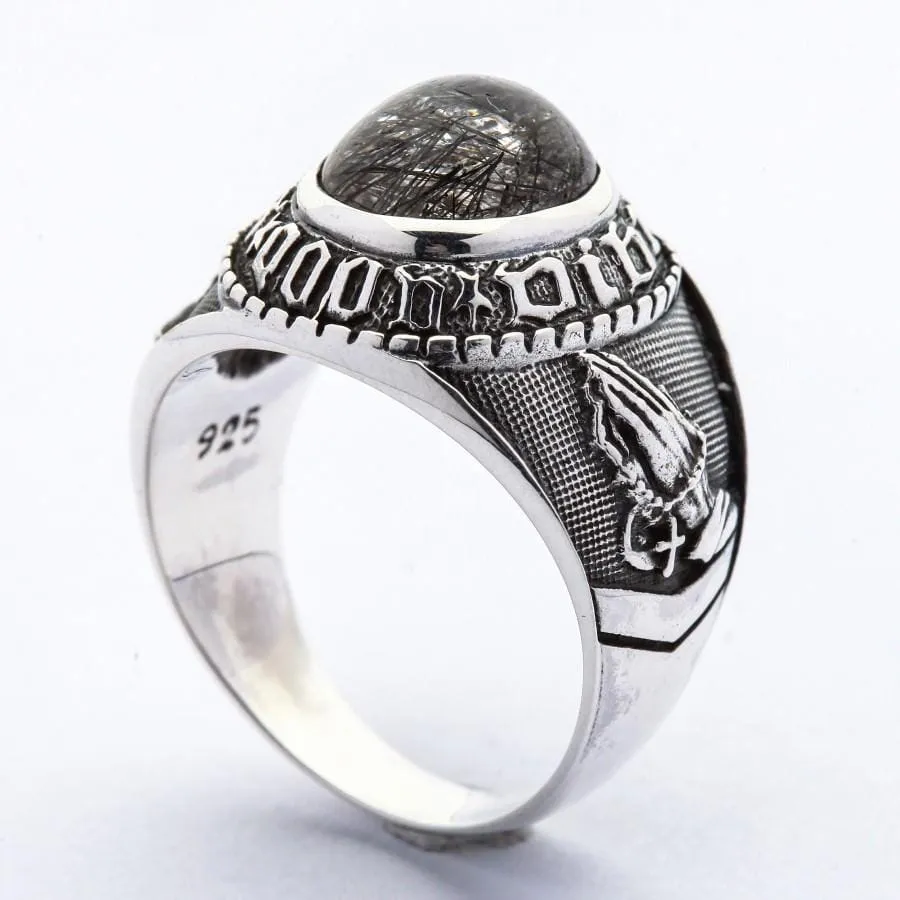 Amulet Black Rutile Quartz 925 Sterling Silver Men's Ring