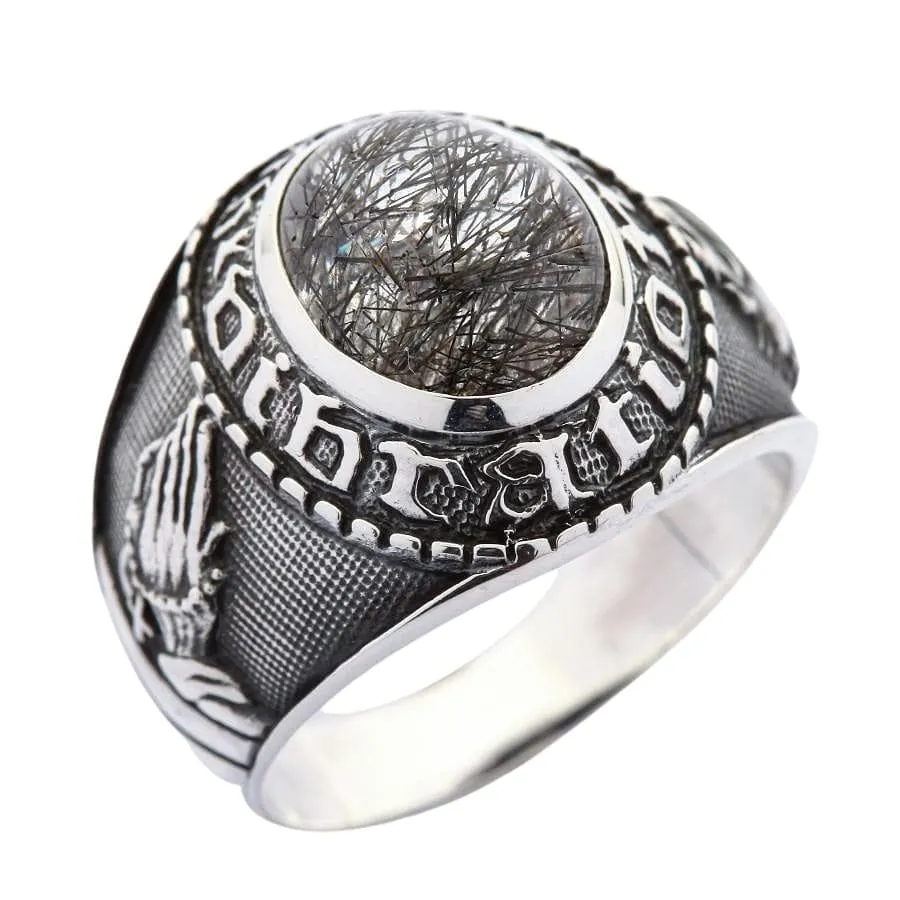 Amulet Black Rutile Quartz 925 Sterling Silver Men's Ring
