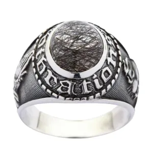 Amulet Black Rutile Quartz 925 Sterling Silver Men's Ring