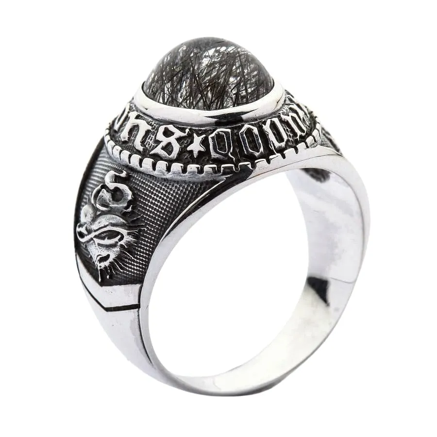 Amulet Black Rutile Quartz 925 Sterling Silver Men's Ring