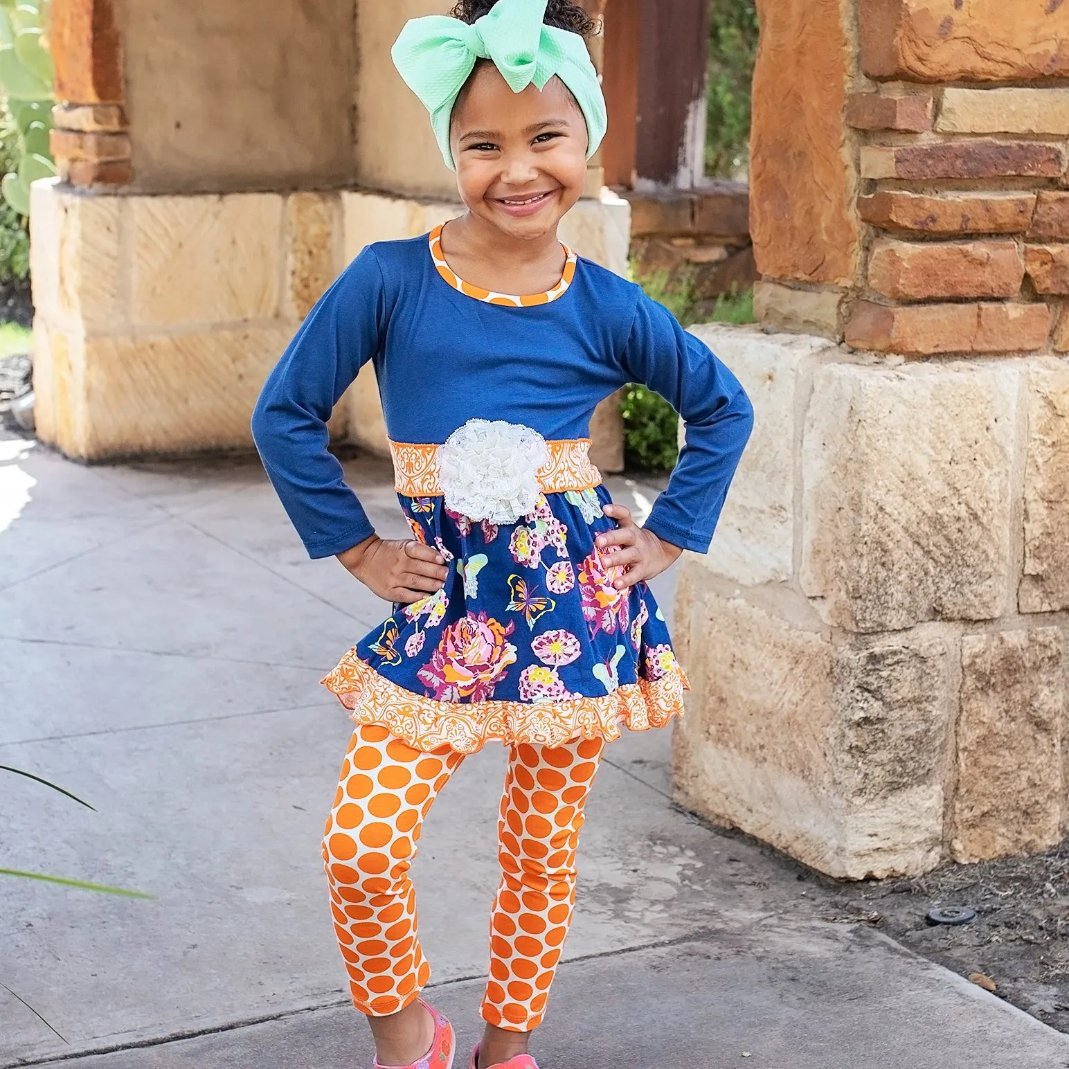 AnnLoren Girls Boutique Blue Butterfly Floral Dress Orange Polka Dot Legging Set sz 2/3T-9/10