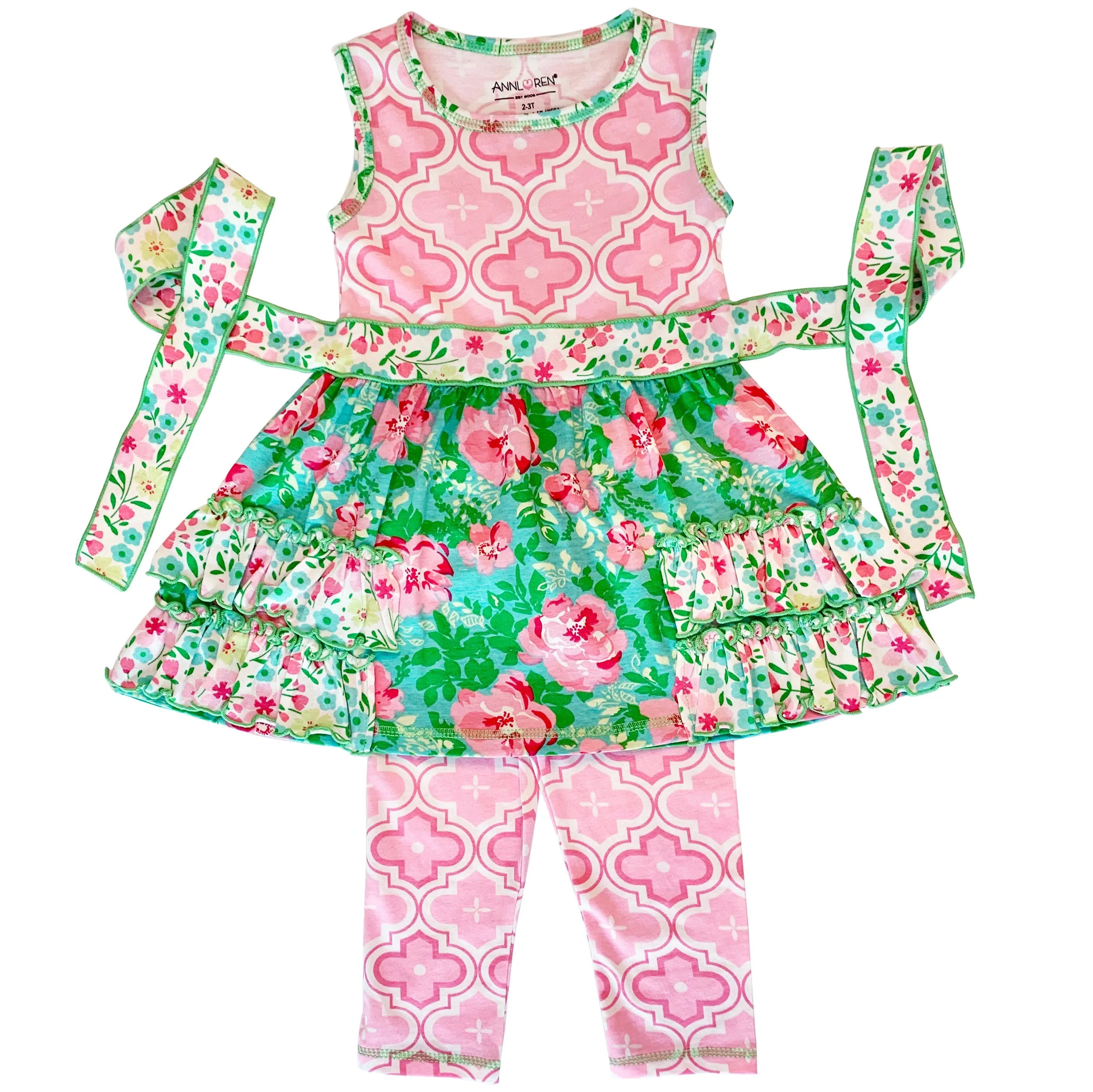 AnnLoren Little Toddler Big Girls' Floral Dress Leggings Boutique Clothing Set Spring Summer