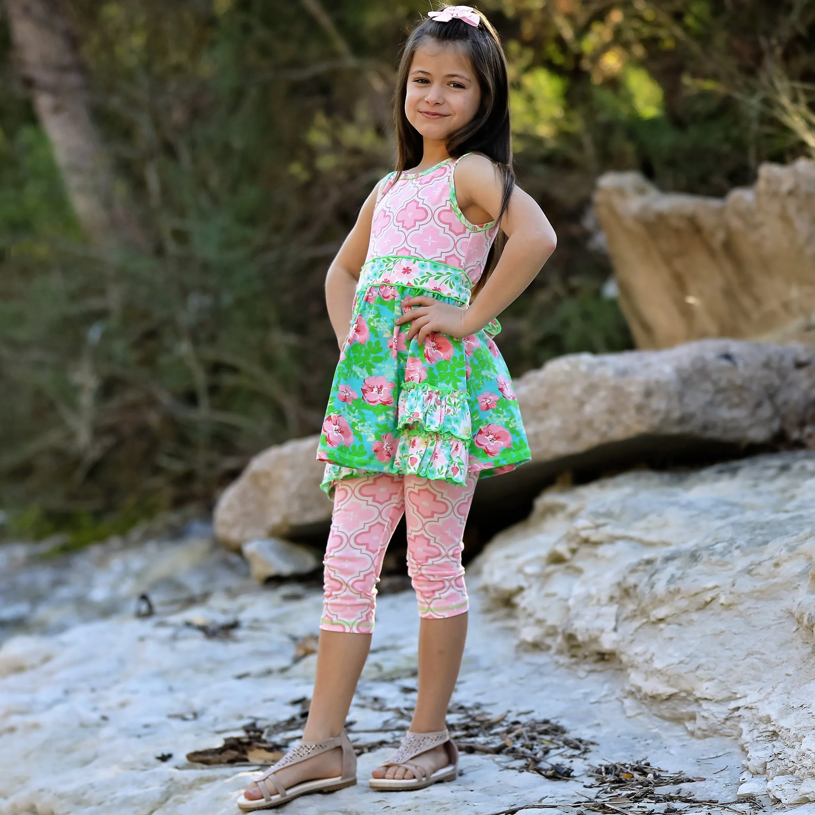 AnnLoren Little Toddler Big Girls' Floral Dress Leggings Boutique Clothing Set Spring Summer