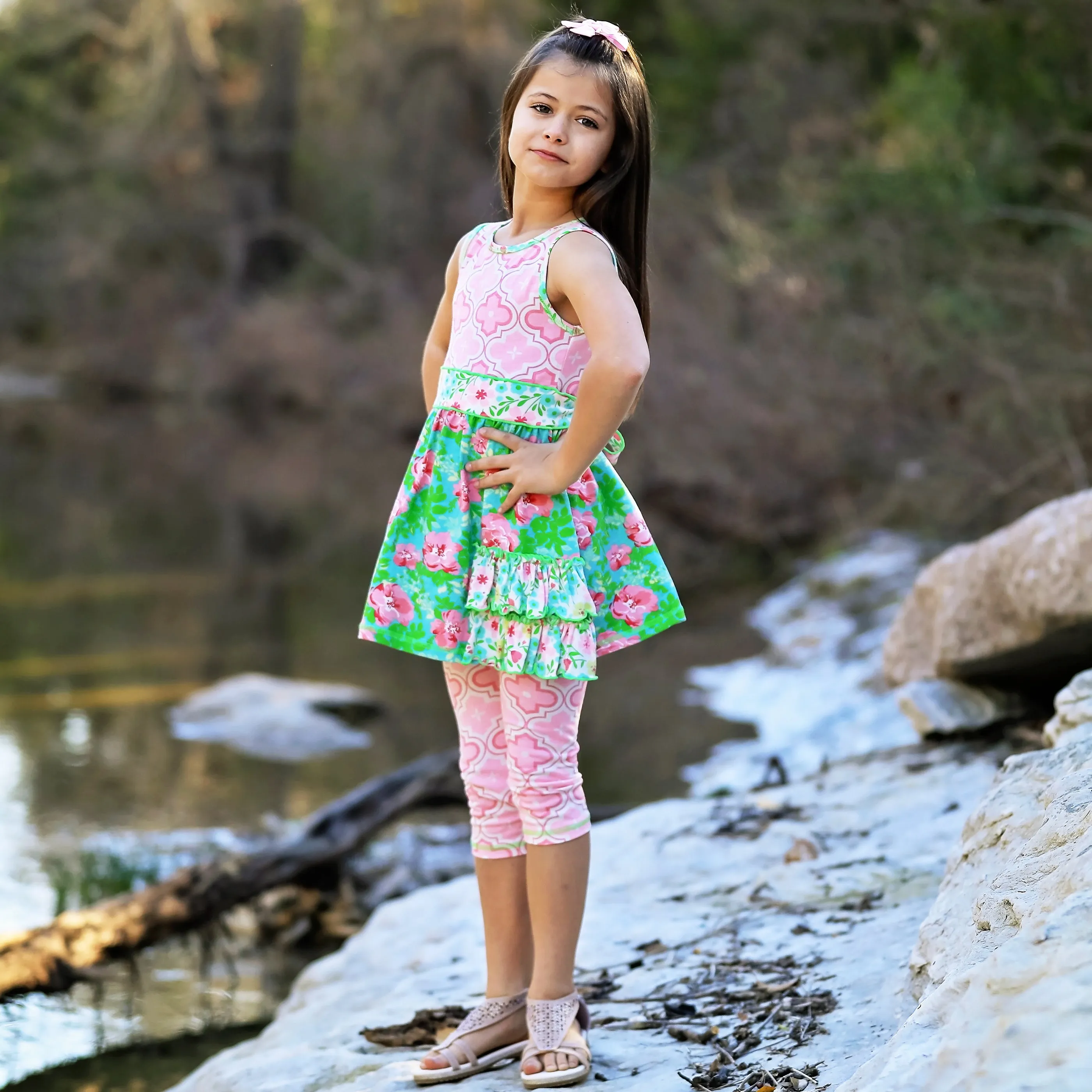 AnnLoren Little Toddler Big Girls' Floral Dress Leggings Boutique Clothing Set Spring Summer