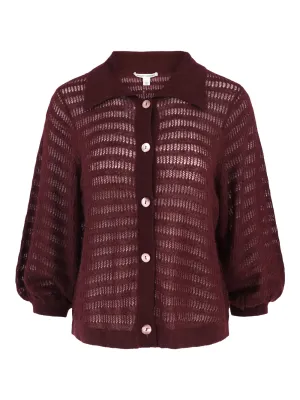 Autumn Cashmere Puff Sleeve Collared Cardi in Bordeaux