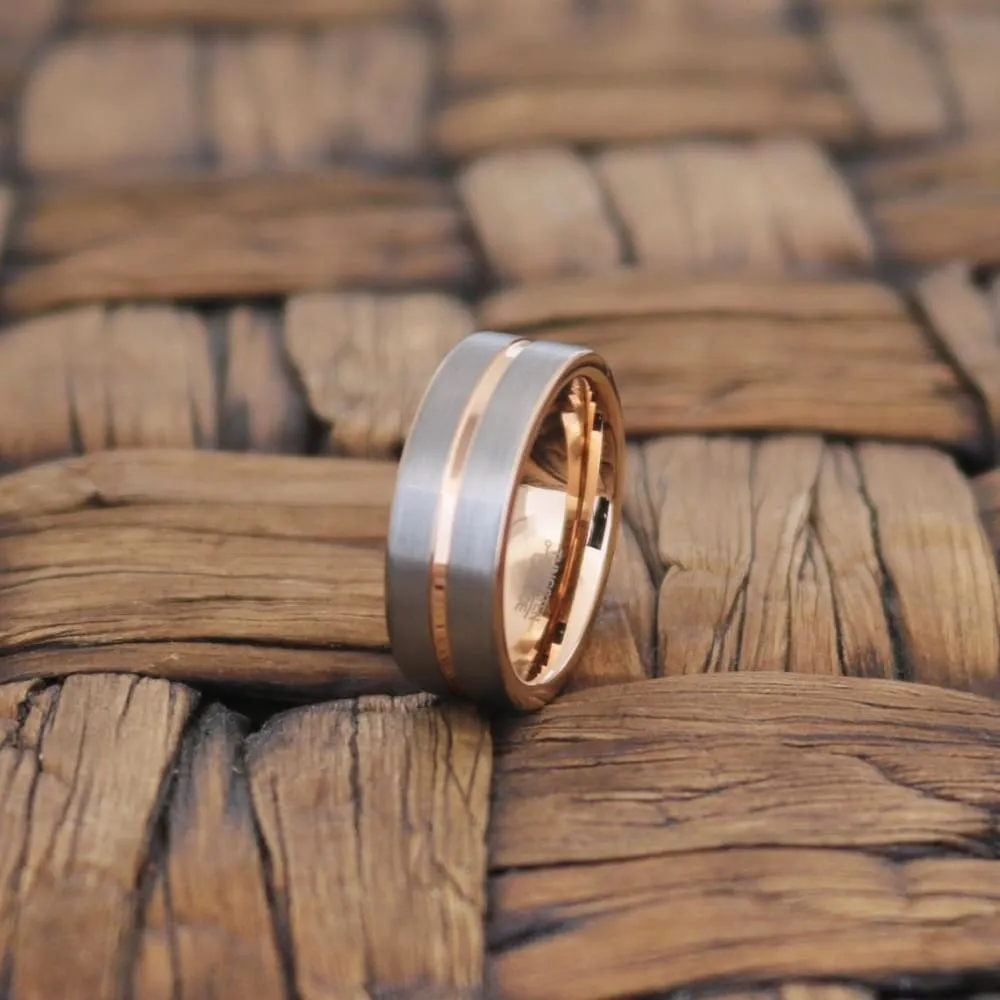 AVALON Men's Silver Brushed Tungsten Ring with Rose Gold Groove and Inner - 8mm
