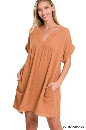 Away We Go Raw Edge Dress - BUTTER ORANGE