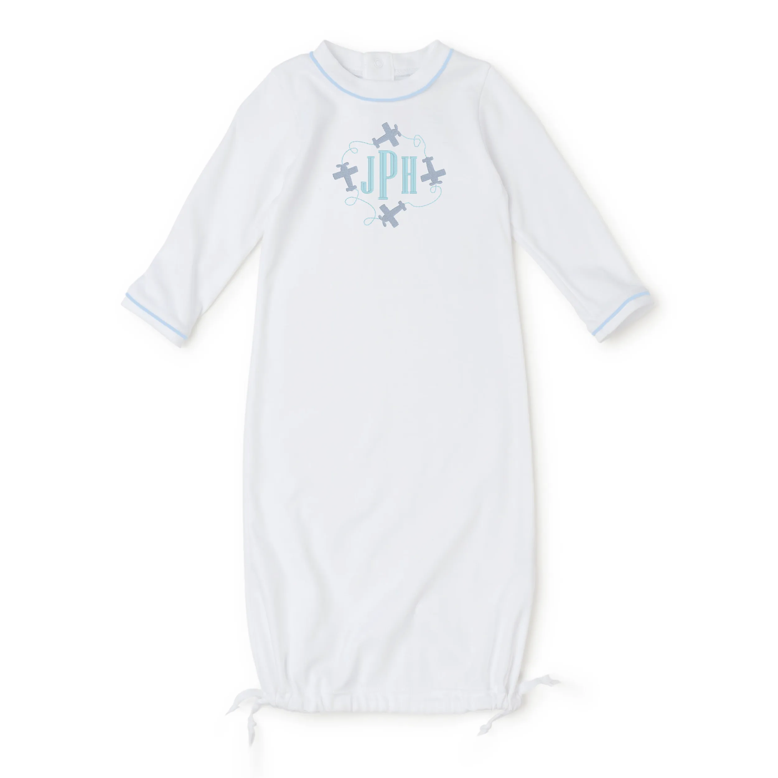 Baby Shop: George Pima Cotton Daygown with Monogram - White with Light Blue Piping