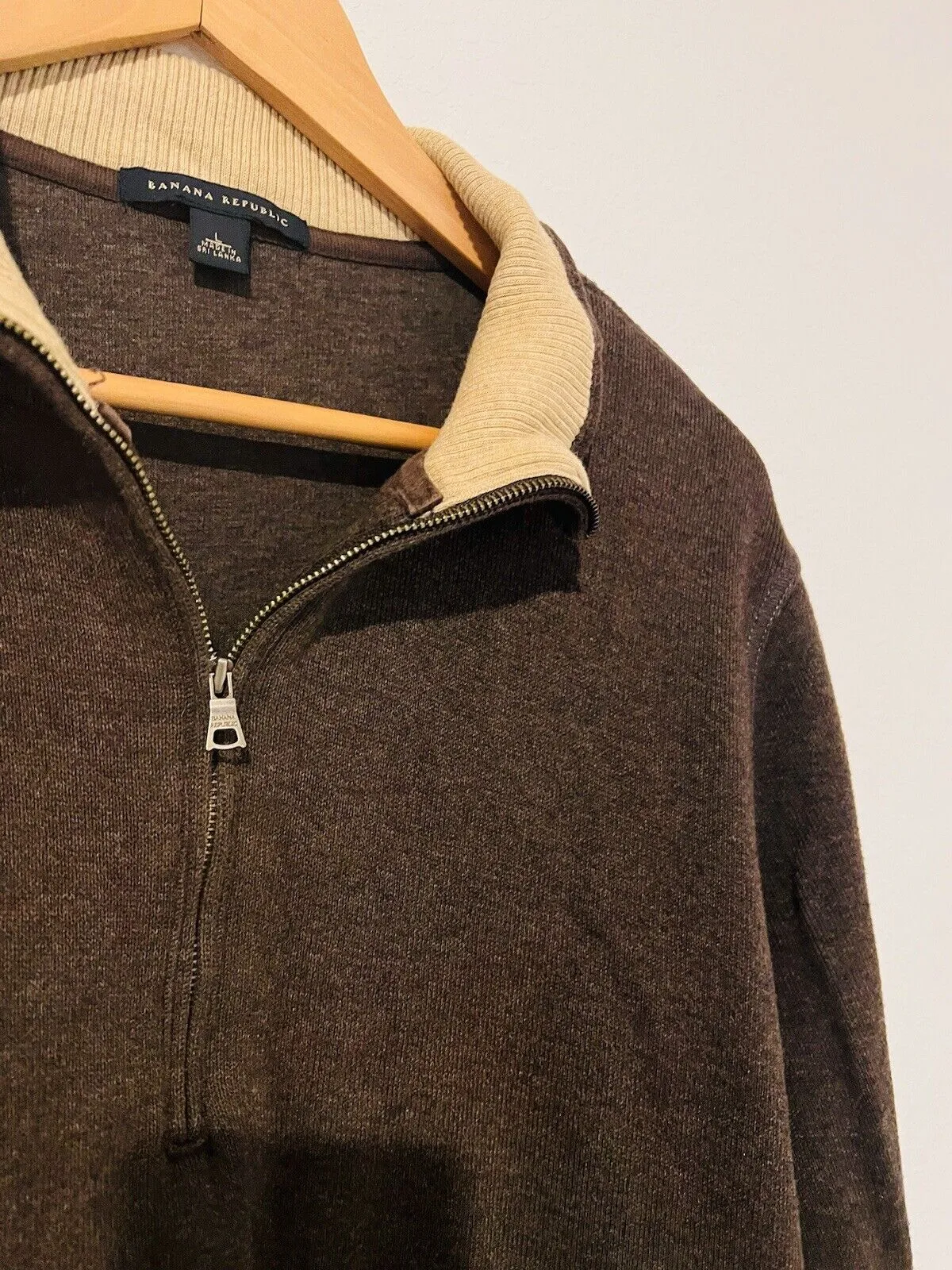 BANANA REPUBLIC Mens 100% Cotton Sweater Sz L 1/4 Zip Pullover Long Sleeve Brown