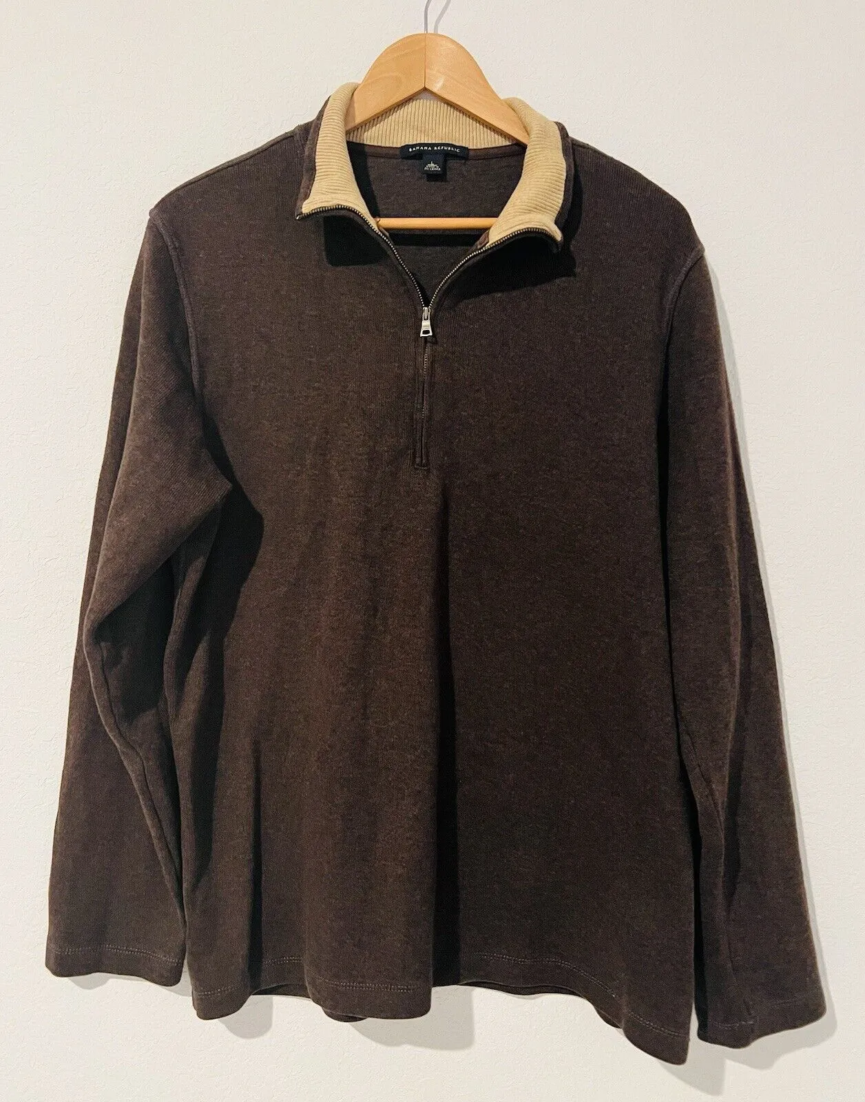 BANANA REPUBLIC Mens 100% Cotton Sweater Sz L 1/4 Zip Pullover Long Sleeve Brown