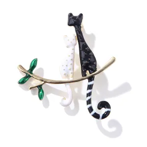 Black & White Enamel 18K Gold-Plated Double Spotted Cat Brooch