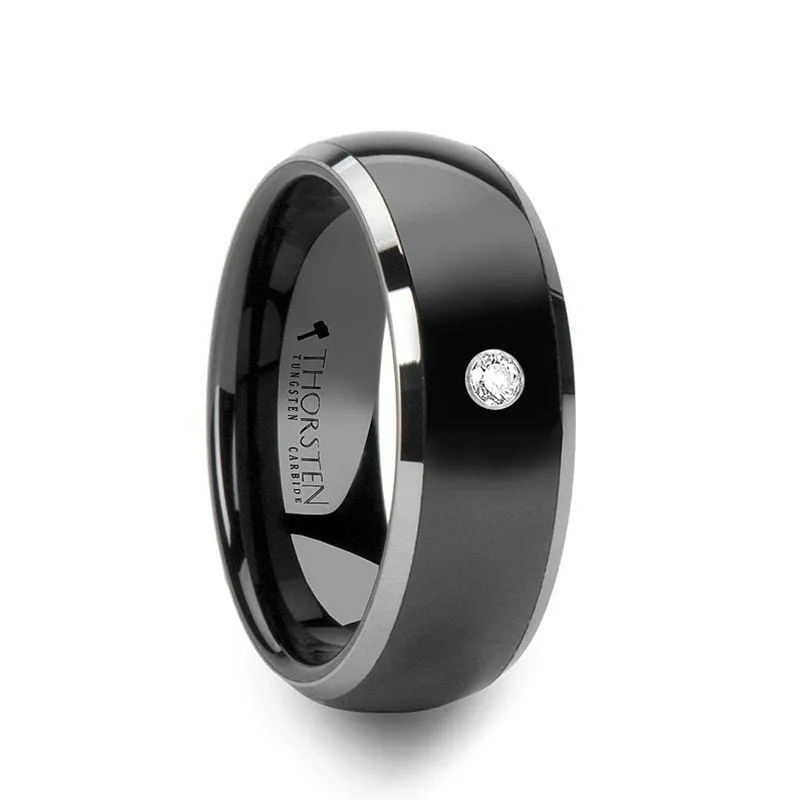 Black Ceramic Ring  with Polished Tungsten Edges And White Diamond Setting - 8mm