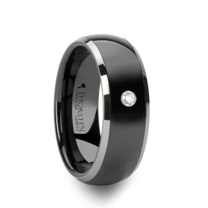 Black Ceramic Ring  with Polished Tungsten Edges And White Diamond Setting - 8mm