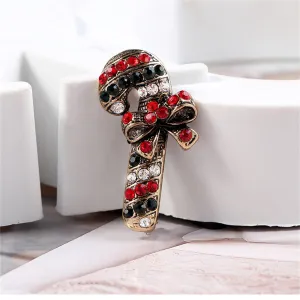 Black Cubic Zirconia & 18K Gold-Plated Candy Cane Brooch