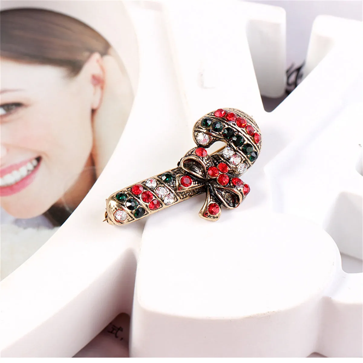 Black Cubic Zirconia & 18K Gold-Plated Candy Cane Brooch