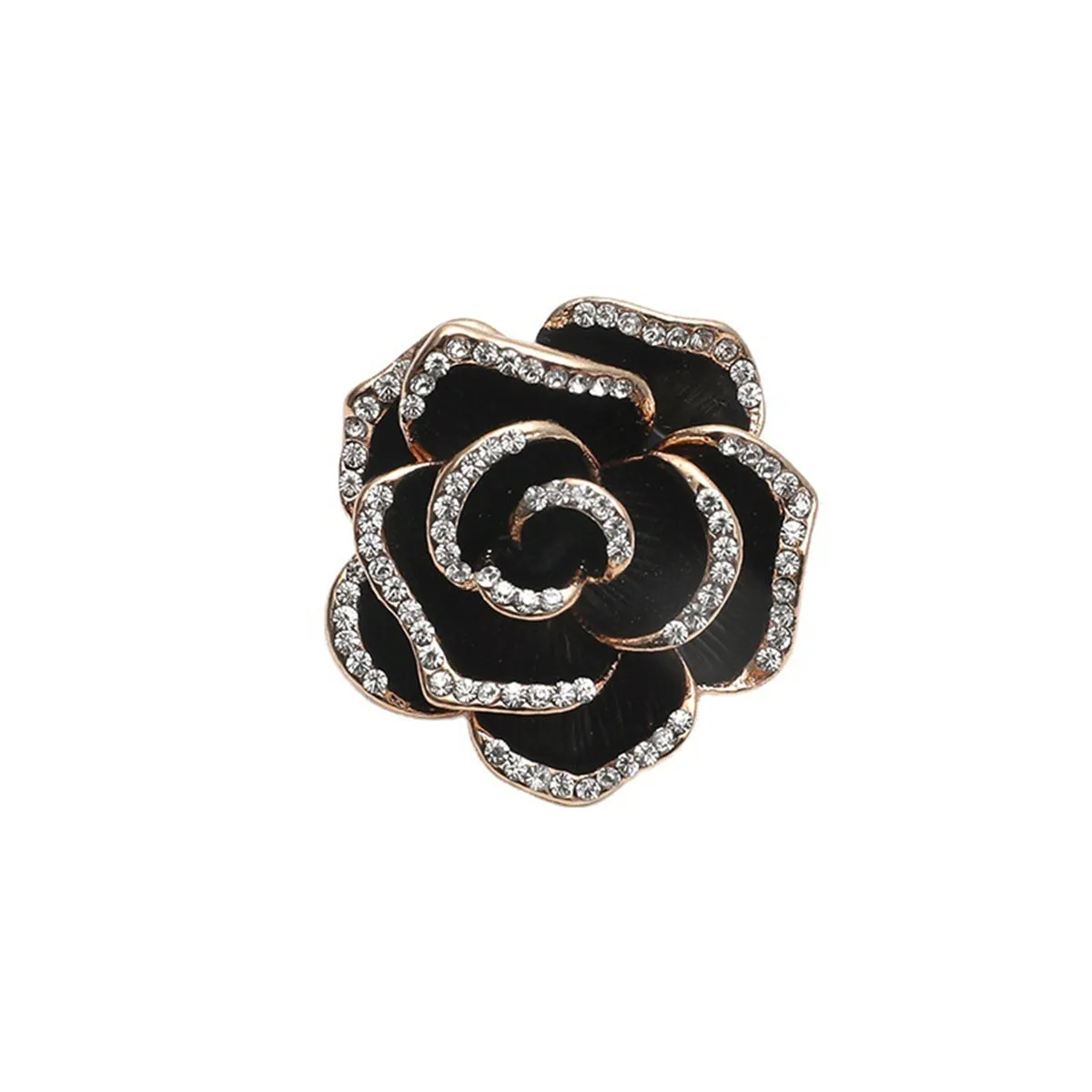 Black Enamel & Cubic Zirconia 18K Gold-Plated Rose Brooch
