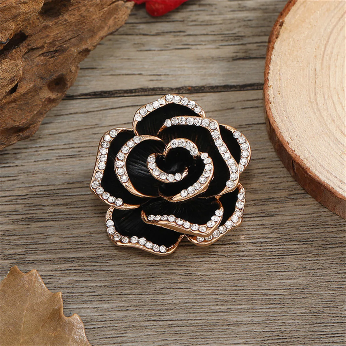 Black Enamel & Cubic Zirconia 18K Gold-Plated Rose Brooch