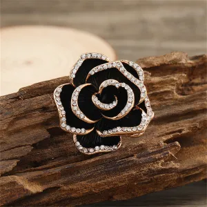 Black Enamel & Cubic Zirconia 18K Gold-Plated Rose Brooch