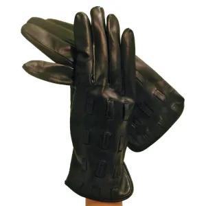Black Men's Leather Gloves With Leather Inserts, Cashmere Lining