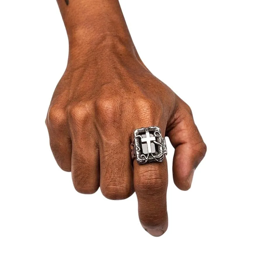 Black Stone 925 Sterling Silver Gothic Cross Men's Ring