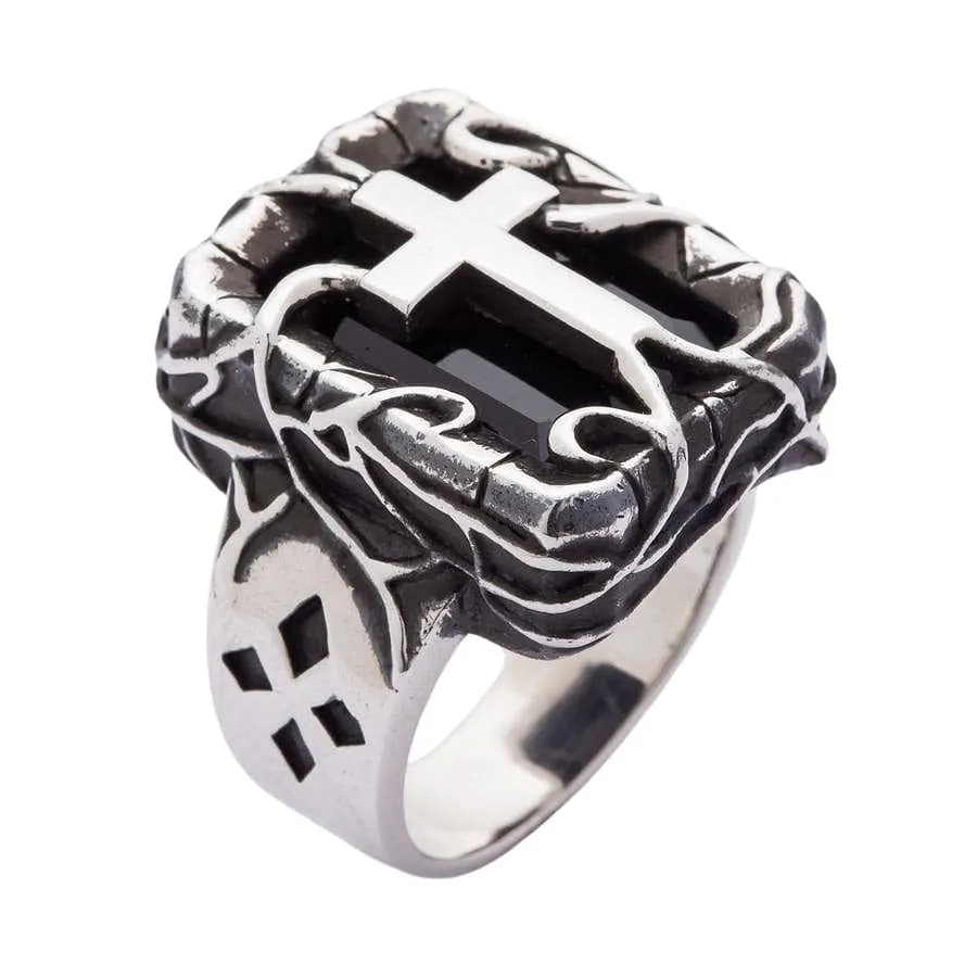 Black Stone 925 Sterling Silver Gothic Cross Men's Ring