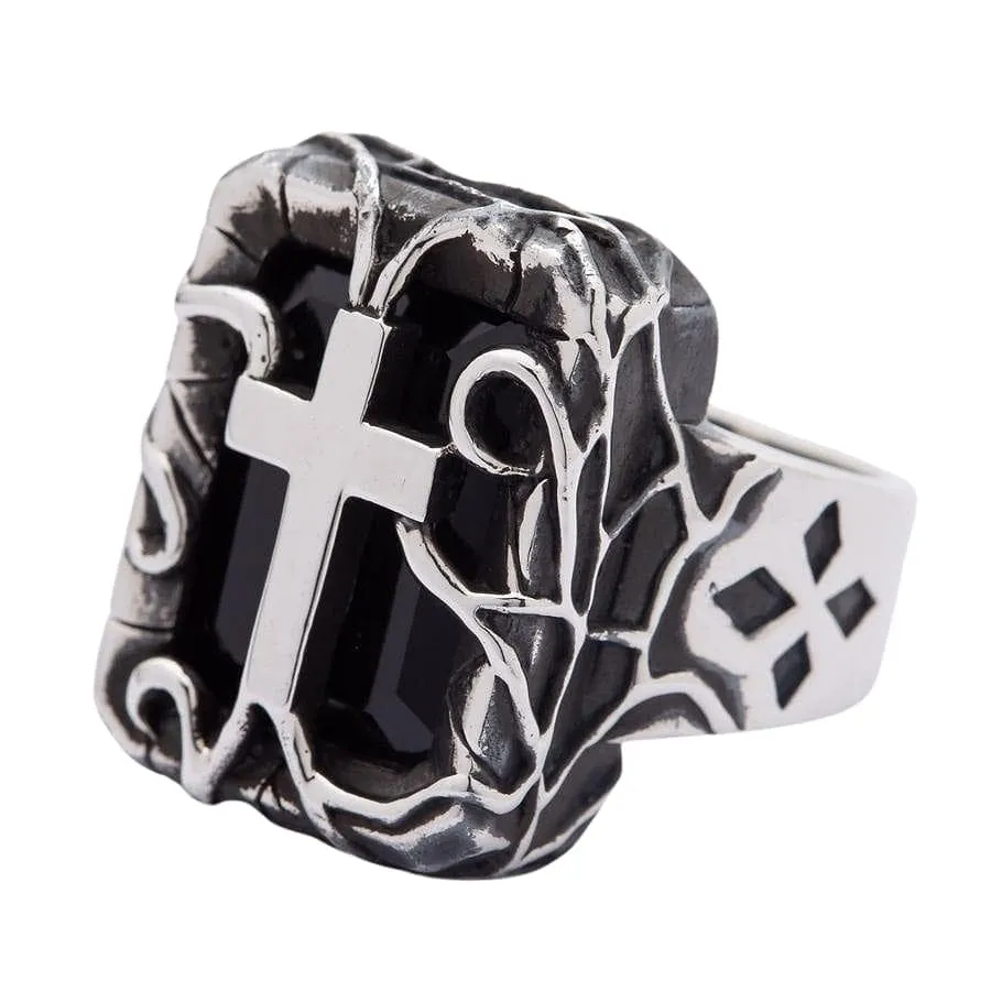 Black Stone 925 Sterling Silver Gothic Cross Men's Ring