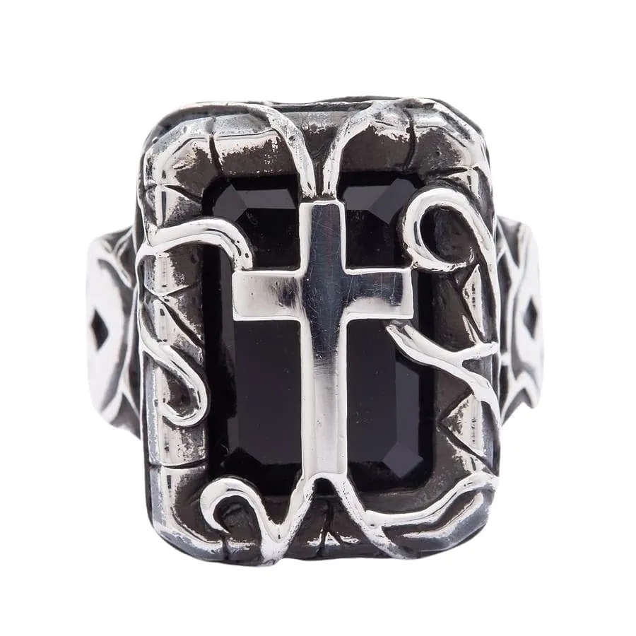 Black Stone 925 Sterling Silver Gothic Cross Men's Ring