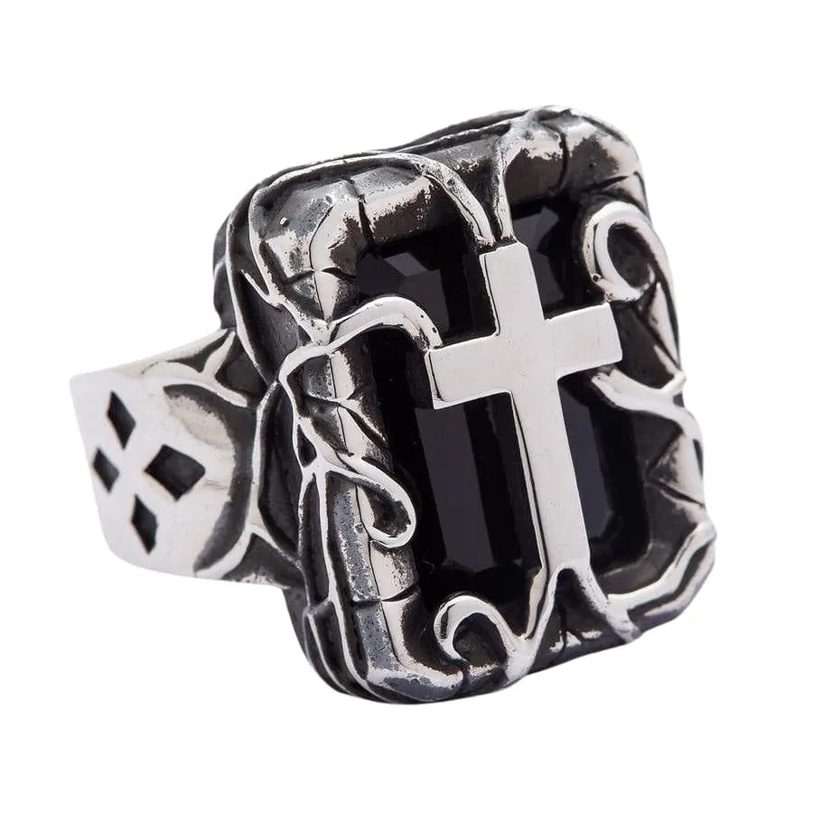 Black Stone 925 Sterling Silver Gothic Cross Men's Ring
