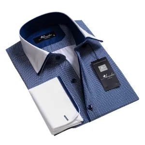 Blue and White Mens Slim Fit French Cuff Shirts with Cufflink Holes - Casual and Formal
