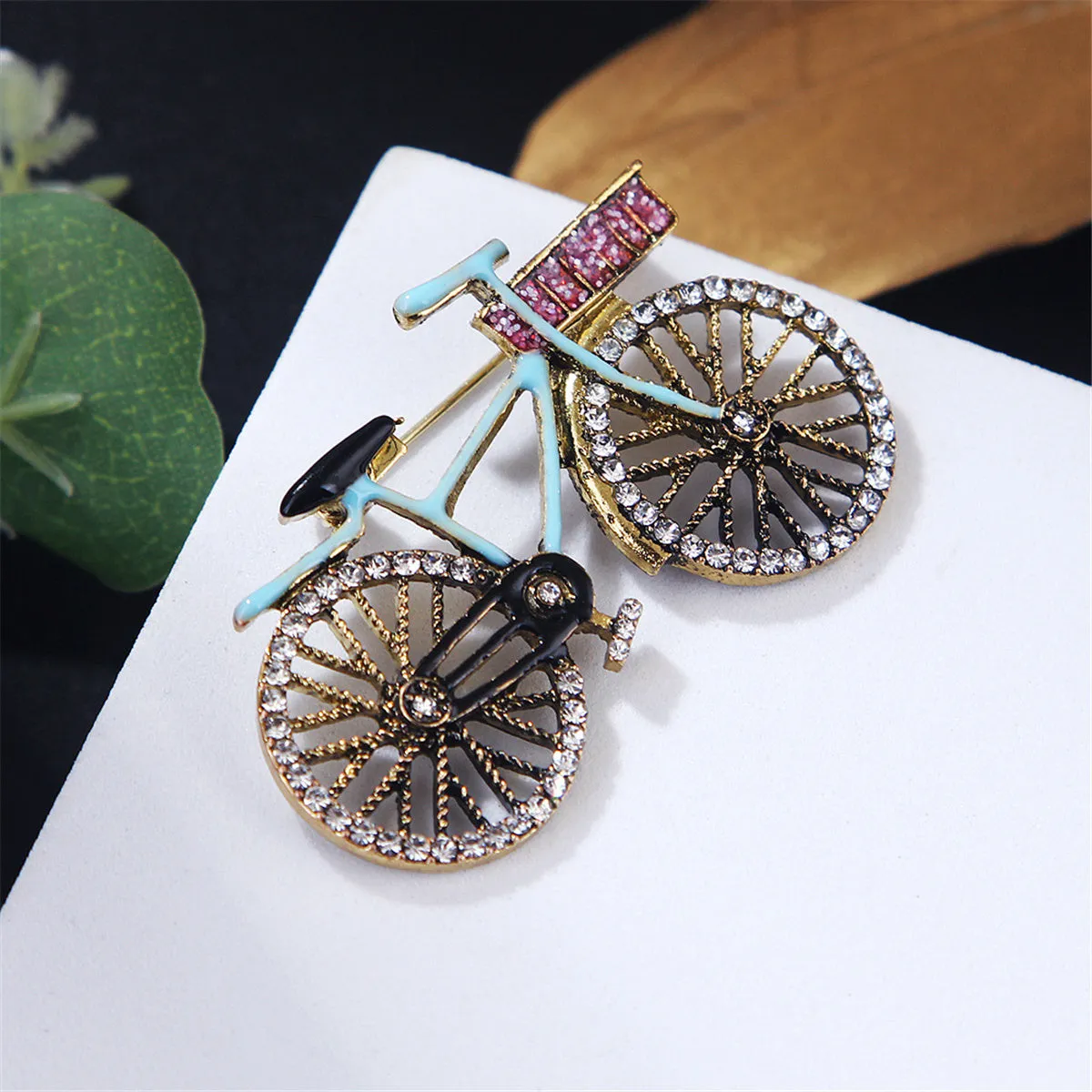 Blue Enamel & Cubic Zirconia 18K Gold-Plated Bicycle Brooch