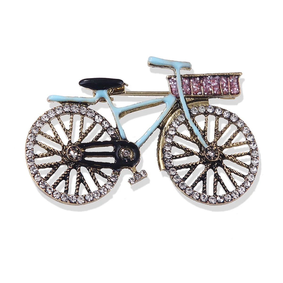 Blue Enamel & Cubic Zirconia 18K Gold-Plated Bicycle Brooch
